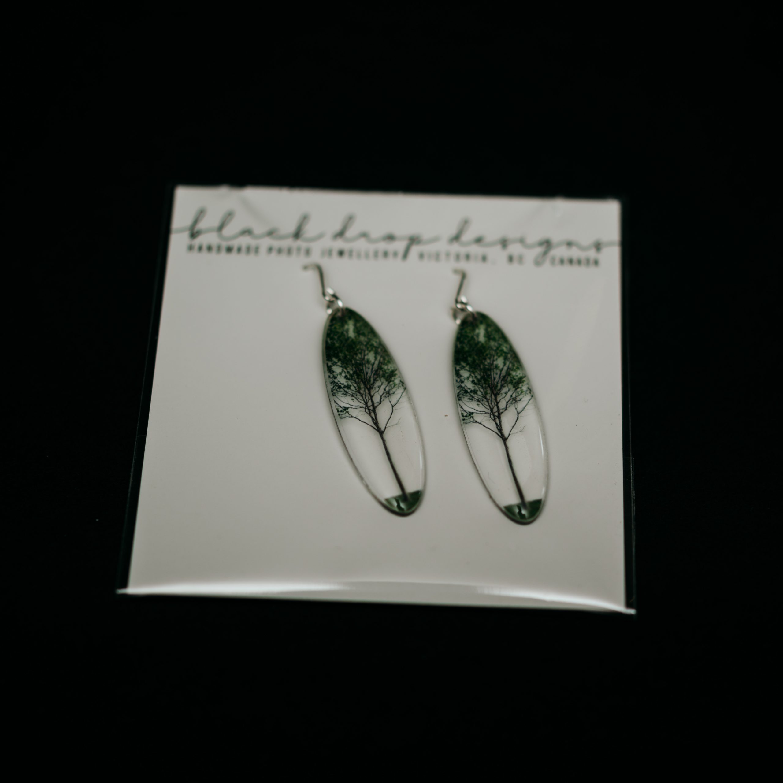 Black Drop Designs: Tall Oval Green Tree Earrings