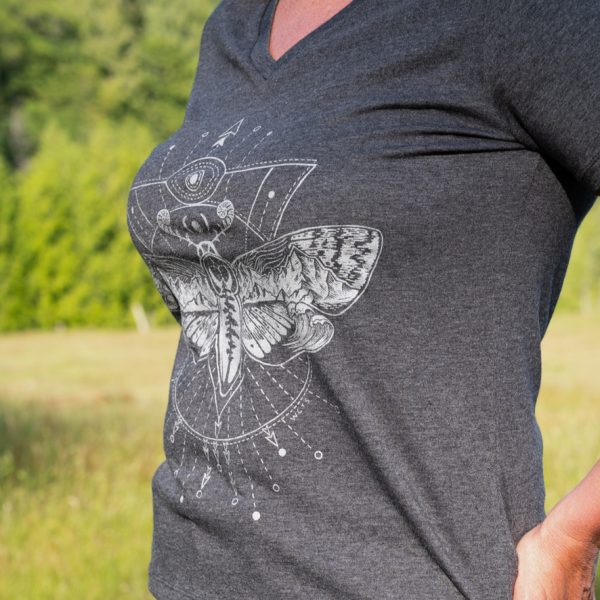 West Coast Tees: Woman's Celestial Moth Dark Heather Grey V Neck Tee - Image 4