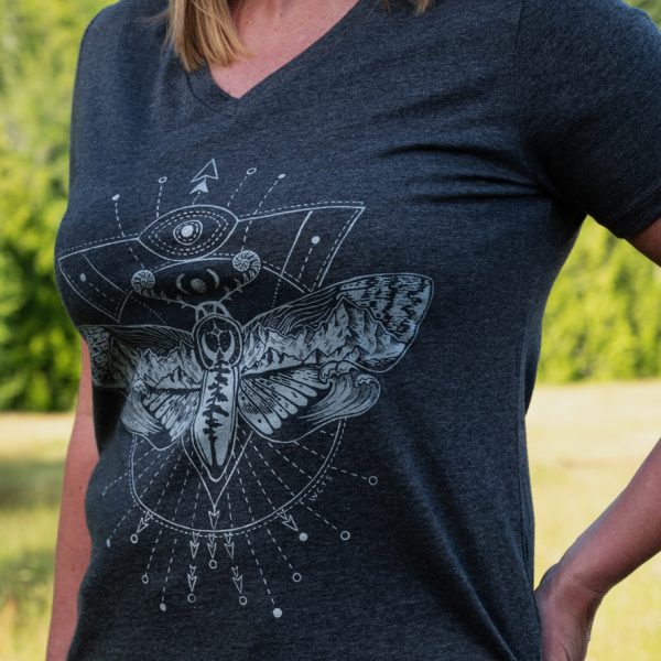 West Coast Tees: Woman's Celestial Moth Dark Heather Grey V Neck Tee - Image 2